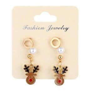 Pearl Brown Reindeer Christmas Dangle Earrings
